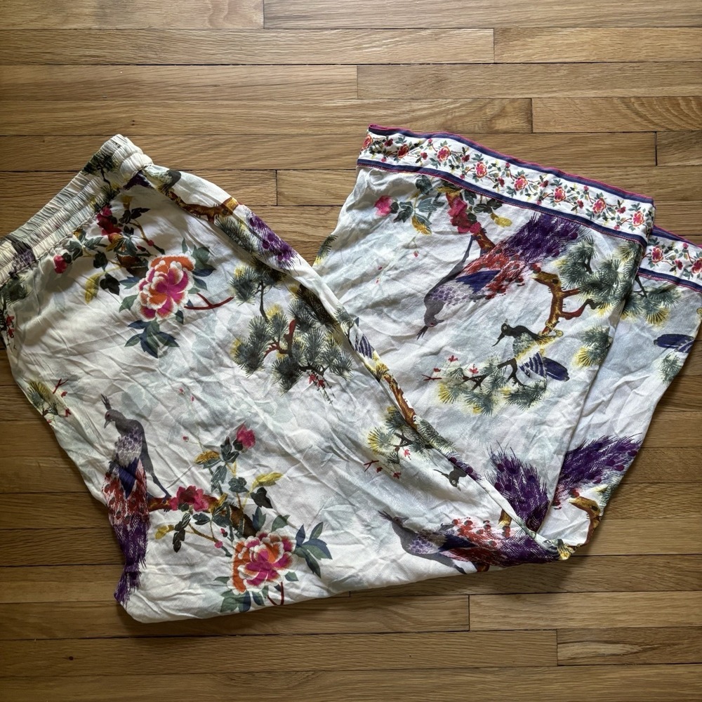World Market Wide Leg Lounge Casual Pant L XL Peacock Floral Print Tropical Boho - Picture 3 of 11